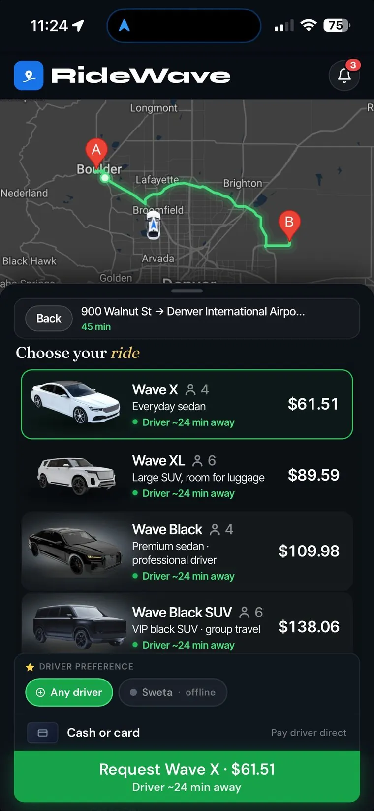 RideWave app showing four ride tiers with prices for a Boulder to Denver airport route